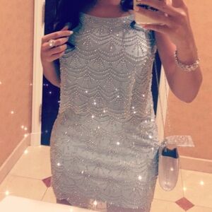 Xscape Caviar beaded cocktail dress SZ 2 baby blue